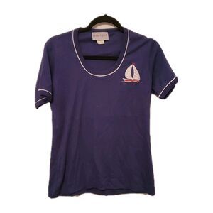VINTAGE 80s PICKET N POST Navy Blue Scoop Neck Sailboat Nautical Tee Shirt XL